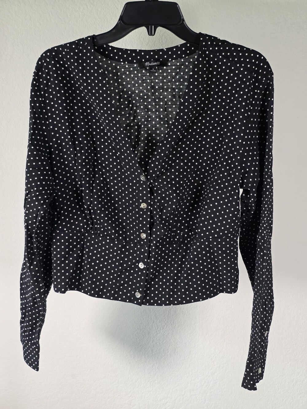Madewell Women’s Medium Black White Polka Dot Button Front Peplum Blouse Chic
